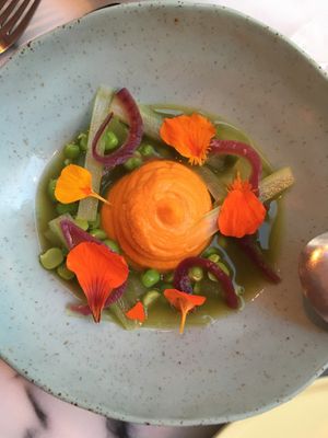 Aguachile, green peas, cucumber, celery, sweet potato, nasturtium at Senhor Uva in Lisbon