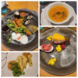 Veganes 5 Gänge Menü: Möhren Ingwer Suppe, Vorspeisenteller mit Sushi, Mozzarella und Gemüserollen, Kartoffelnschmarrn und Himbeer Maracuja Kuchen at Alpendorf Aktivhotel in St Johann Im Pongau