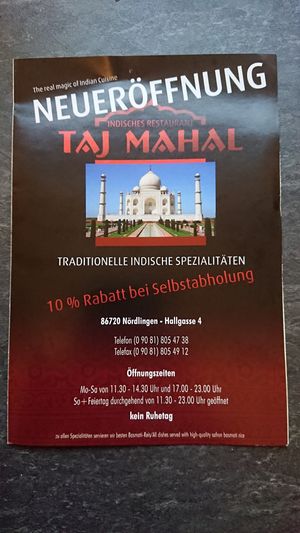Menu at Taj Mahal in Noerdlingen
