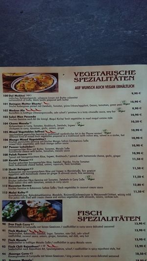 Menu at Taj Mahal in Noerdlingen