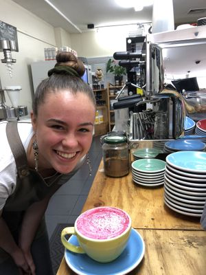 Beetroot Latte..... with nut milk too at Harvest Moon in Nelson