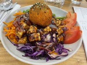 Hedgehog mushroom teriyaki tempeh bowl😄  at The Park by Years in Kowloon