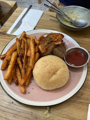 Kimchi Eggplant burger with sweet potato fries at The Park by Years in Kowloon