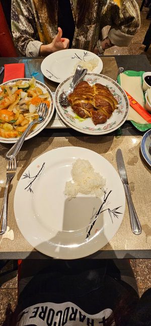 Scampis à l'ail et canard laqué (vegan) at De Yuan in Liege