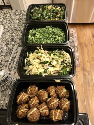 Family Falafel meal, slaw, kale caesar, broccoli caesar  at Vessel Kitchen in Salt Lake City