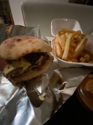Vegan burger and fries at The Dead Pigeon in Rochester