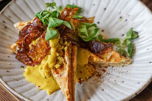 Epic cheese and BACON waffles at Commune Cafe in Tallinn