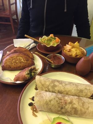 Vegan salteñas and burritos, homemade fries and guacamole  at Namas Te in La Paz