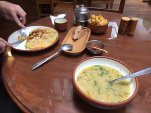 Vegetable soup with oats, vegetarian quesadilla, homemade fries  at Namas Te in La Paz