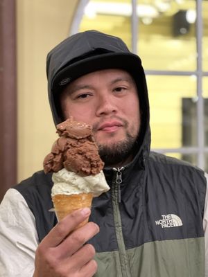 Chocolate and pistachio with pretzel cone   at Mayday Ice Cream in St Augustine