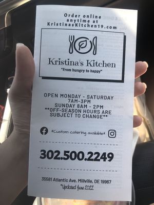 Paper/to-go menu   at Kristina's Kitchen in Millville