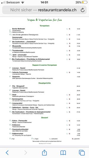 Vegan Options labeld with V+ at Candela  in St Gallen