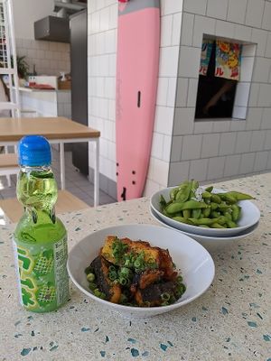 japanese lemonade, fried aubergine and edamame at Vegan Ramen Shop - Jana Pawla in Warsaw