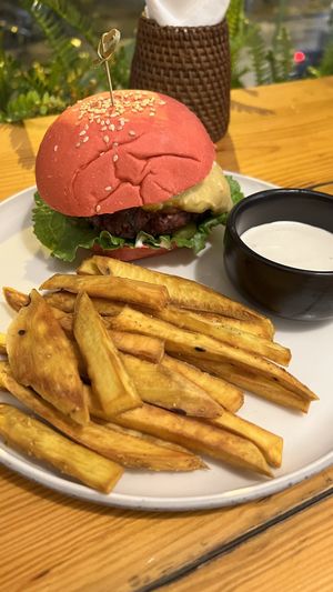 Beet burger with sweet potatoes fries   at iVegan Supershop Westlake Hanoi - Healthy Plant Based Cafe in Hanoi