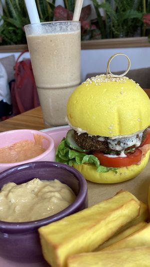 Falafel burger with extra cheese on the side, they will customise if you ask nicely!  at iVegan Supershop Westlake Hanoi - Healthy Plant Based Cafe in Hanoi