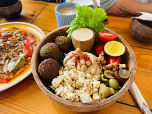 Aloha pizza & Falafel bowl at iVegan Supershop Westlake Hanoi - Healthy Plant Based Cafe in Hanoi