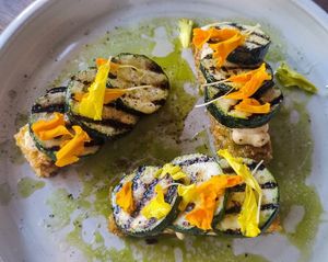 Grilled zucchini, hash brown, miso mayo at Topiary in Tea Tree Gully