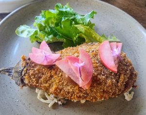 Eggplant schnitzel, sweetcorn remoulade, crabapple at Topiary in Tea Tree Gully