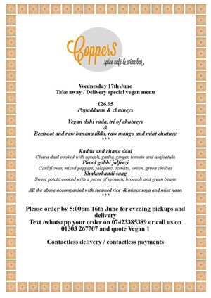 Sample menu from special vegan night at Coppers in Hythe