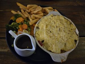 Pie with soy cream and fries at PIE in Lagos