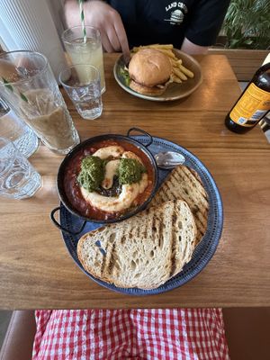 Vegan baked eggs and vegetarian burger   at The Garden Berry in Berry