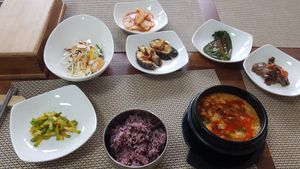 Spicy soft tofu stew + side dishes ❤❤❤❤ at Soban Vegan 소반 비건식당 in Busan