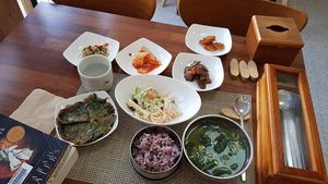 Soup of the day, with a delicious helping of banchan. at Soban Vegan 소반 비건식당 in Busan