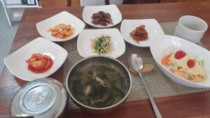 Daily soup menu (with rice and side dishes) at Soban Vegan 소반 비건식당 in Busan