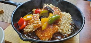 Scorched rice in sweet and sour sauce at Soban Vegan 소반 비건식당 in Busan