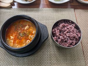 Spicy soft tofu jigae and rice at Soban Vegan 소반 비건식당 in Busan