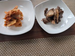 Kimchi and beef and muchrooms at Soban Vegan 소반 비건식당 in Busan