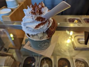 Yummy pistachio, mint, and chocolate with vegan whipped cream at Jolly Chocolat in Bordeaux