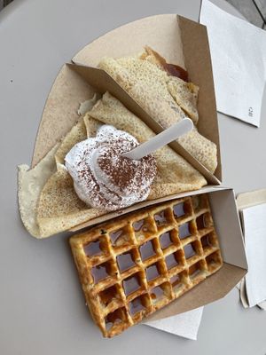 Vegan cream crepe and Caramel Brûlée crepe with a gaufre  at Jolly Chocolat in Bordeaux