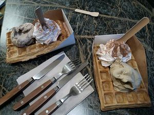 Vegan waffles with ice cream & chantilly cream. at Jolly Chocolat in Bordeaux