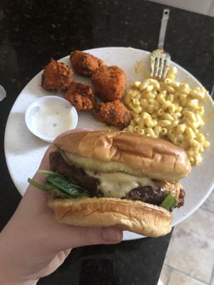 Fried chickn sandwich with Mac and buffalo cauliflower at My Mama's Vegan in Baltimore