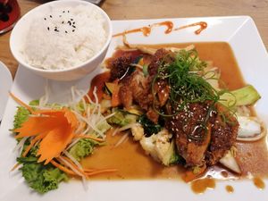 Seitan, vegetables and jasmin rice at Vevi in Vienna