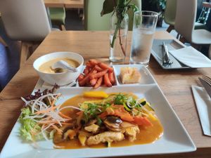 Coconut soup, tofu with mango dressing, sweet potato fries and dessert at Vevi in Vienna