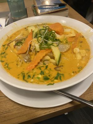Curry Udon noodle soup with seitan… amazing  at Vevi in Vienna