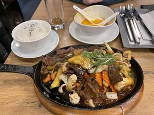 Fried vegetables and a meat replacement with white rice  at Vevi in Vienna