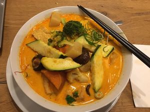 Curry Noodle Soup with Tofu and Rice Noodles  at Vevi in Vienna