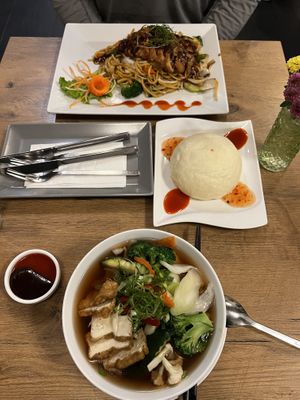 pho with veggies and tofu, steamed bahn  bao, friend wheat noodles with veggies and soy strips. Soo, delicious!!!   at Vevi in Vienna