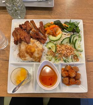 lunch menu (vegan nuggets, rice with soy meat and a vegan fried egg and pineapple salad)  at Vevi in Vienna