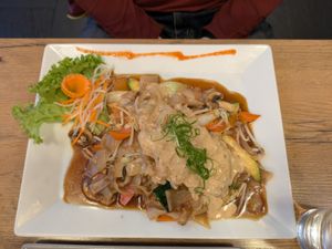 Creamy noodle and soy meat dish at Vevi in Vienna
