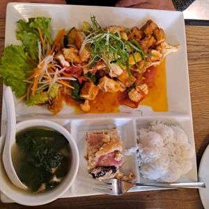 Rice tofu sweet sour, plum cake at Vevi in Vienna