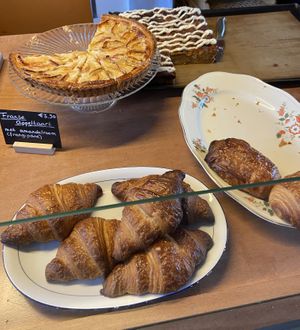 Appelpie with almond cream, bread pudding (of cinnamon role), croissants and pain au chocolate  at Loaf Sourdough Bakery in Utrecht