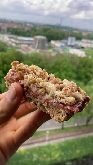 Rhubarb strawberry crumble. Delicious, but 3.50€ for this tiny piece? Not again  at Loaf Sourdough Bakery in Utrecht
