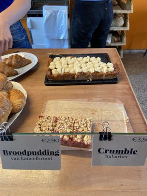 Bread pudding and rhubarb crumble  at Loaf Sourdough Bakery in Utrecht