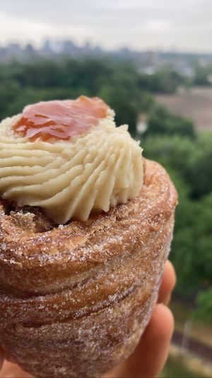 Peach and almond cruffin. Very flaky, delicious cream!  at Loaf Sourdough Bakery in Utrecht