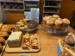 Some new items: cookies (the choco chip with caramel is great), orange/thyme cake, rhubarb/strawberry slice (used to be better) and almond/coconut cruffin at Loaf Sourdough Bakery in Utrecht