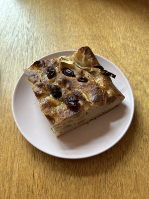 Olive and onion focaccia  at Loaf Sourdough Bakery in Utrecht